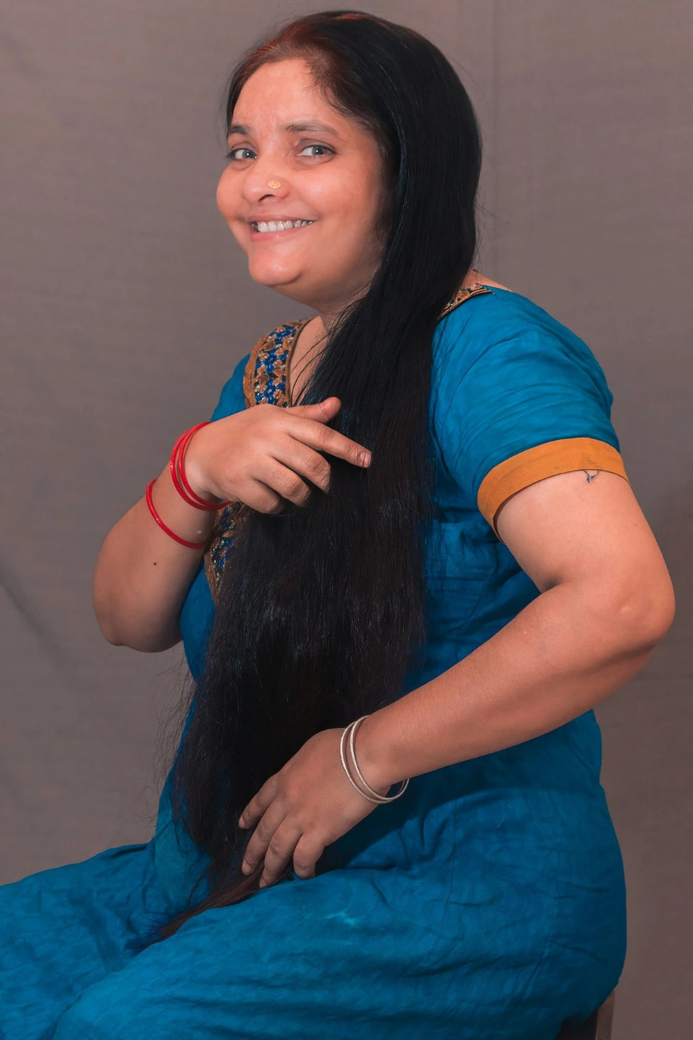 a person in a blue dress